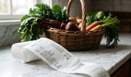 Grocery receipt and calculator showing rising food prices and budget planning