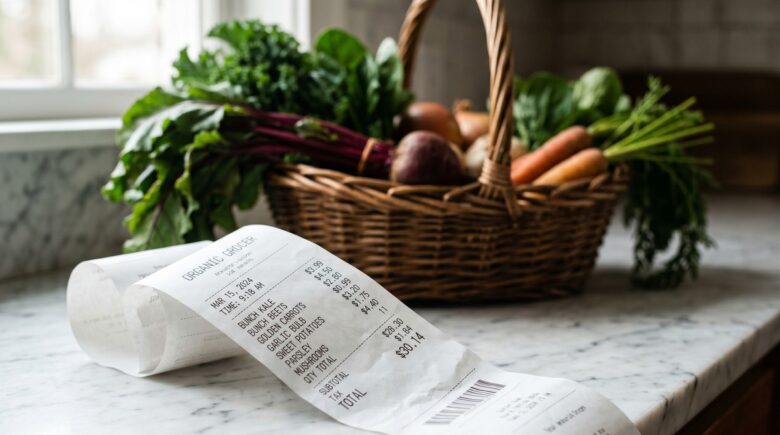 Grocery receipt and calculator showing rising food prices and budget planning