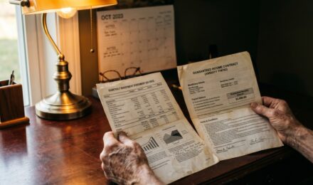 Senior couple reviewing retirement income statements and investment portfolio documents at home