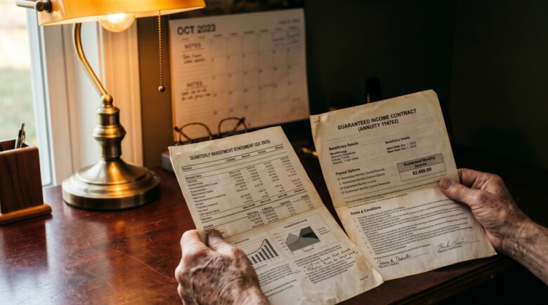 Senior couple reviewing retirement income statements and investment portfolio documents at home