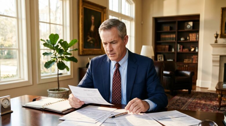 High-income professional reviewing financial statements showing stagnant net worth despite six-figure salary