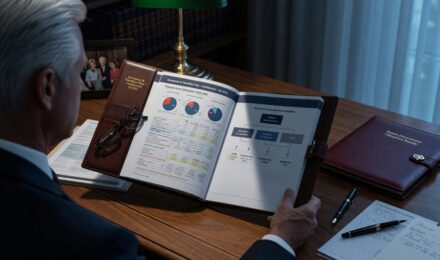 Financial advisor reviewing succession and wealth transfer documents with high-net-worth business owner
