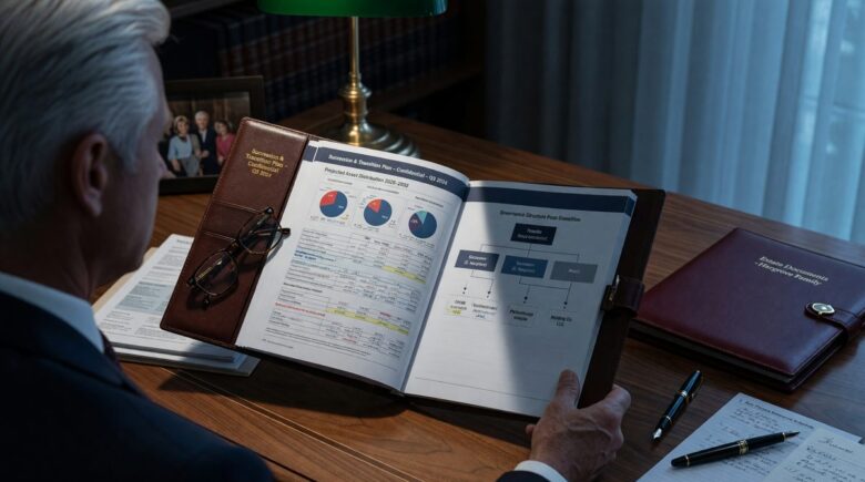 Financial advisor reviewing succession and wealth transfer documents with high-net-worth business owner