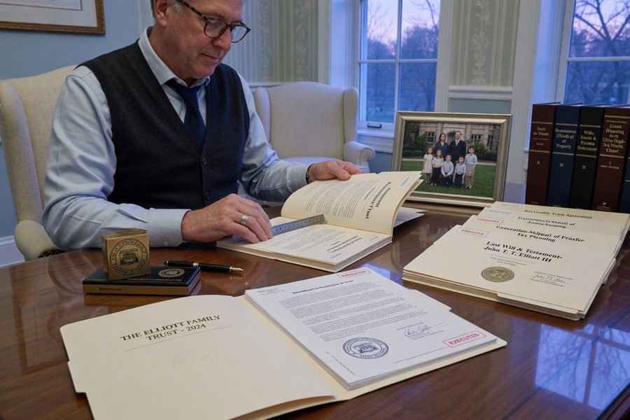 Components of a business succession plan with legal documents, trust, and insurance policy