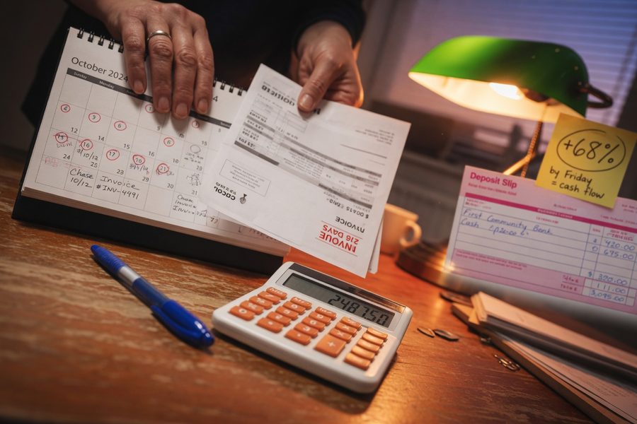 Small business owner reviewing unpaid invoices and cash flow statements at a desk
