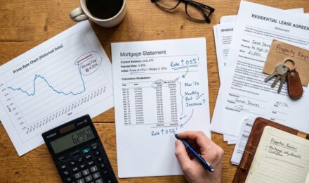 Landlord reviewing mortgage documents with prime rate tracker showing 4.45%