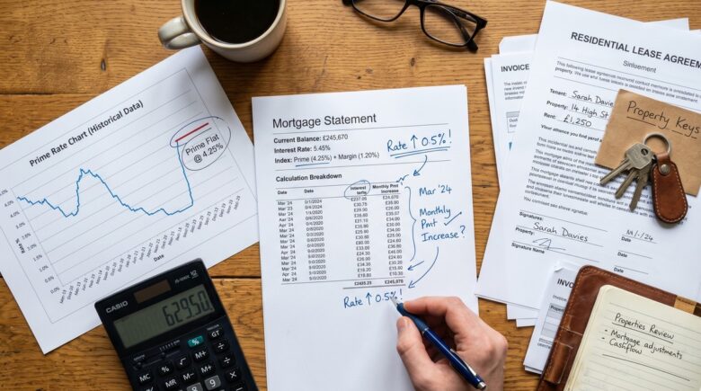 Landlord reviewing mortgage documents with prime rate tracker showing 4.45%