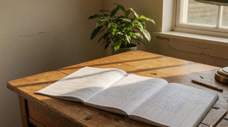 Landlord reviewing mortgage statements and tenant payment records at desk