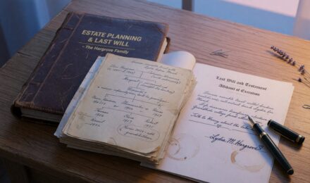 Multi-generational family estate planning meeting with financial documents and trust agreements