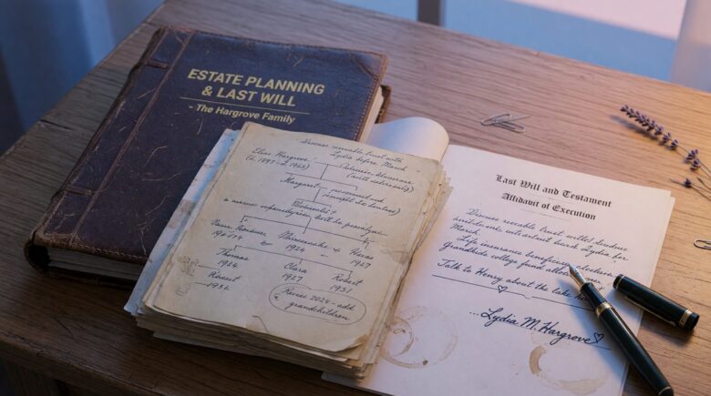 Multi-generational family estate planning meeting with financial documents and trust agreements