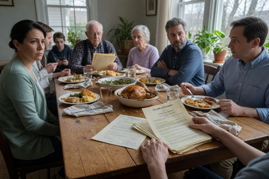 Family members seated around a table with a neutral facilitator leading a wealth transfer discussion