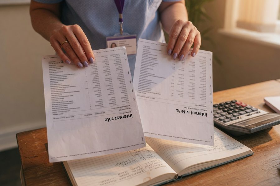 Nurse reviewing debt spreadsheet with highlighted APRs at kitchen table