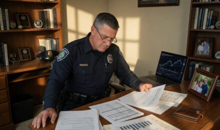 Police officer planning finances with pension documents and investment portfolio on desk