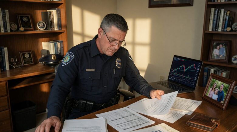 Police officer planning finances with pension documents and investment portfolio on desk