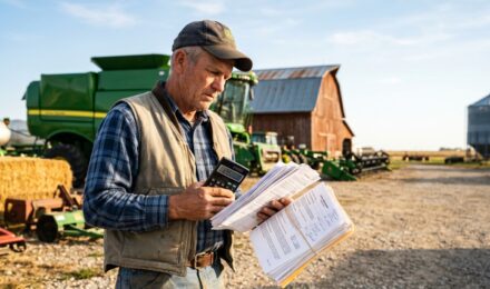 Farmer reviewing loan documents with calculations showing prime rate impact on annual payments