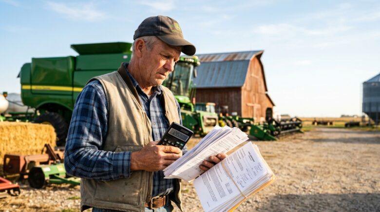 Farmer reviewing loan documents with calculations showing prime rate impact on annual payments
