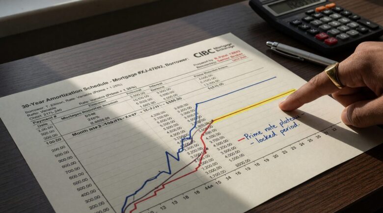 Graph showing prime rate plateau and its effect on variable mortgage principal and interest payments over time