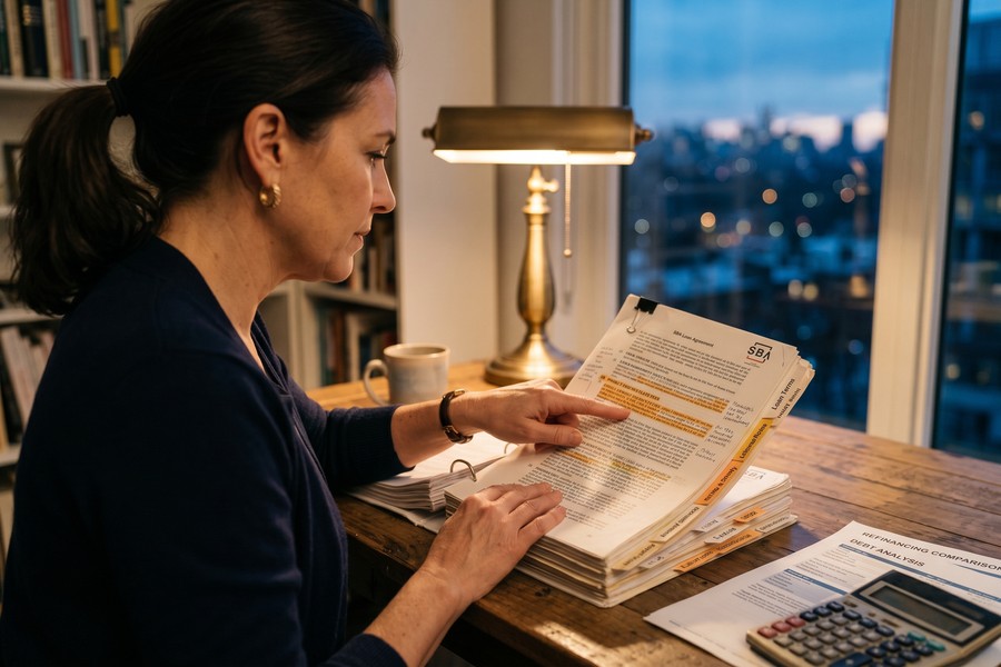 Small business owner reviewing loan amortization schedules under multiple interest rate scenarios