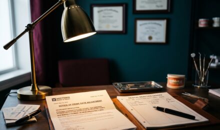 Dentist reviewing loan documents and interest rate terms for private practice financing
