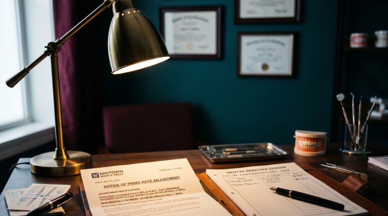 Dentist reviewing loan documents and interest rate terms for private practice financing