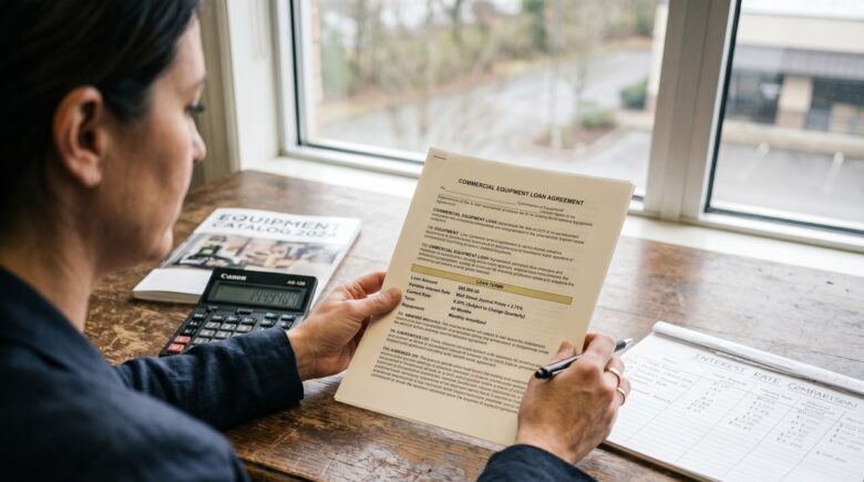 Business owner reviewing equipment financing options with prime rate comparison chart