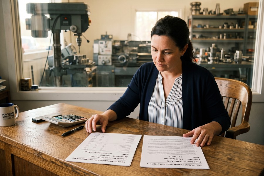 Business owner reviewing equipment loan documents with fixed and variable rate comparison sheet
