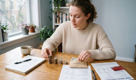 Recent college graduate reviewing monthly budget and student loan payment schedule