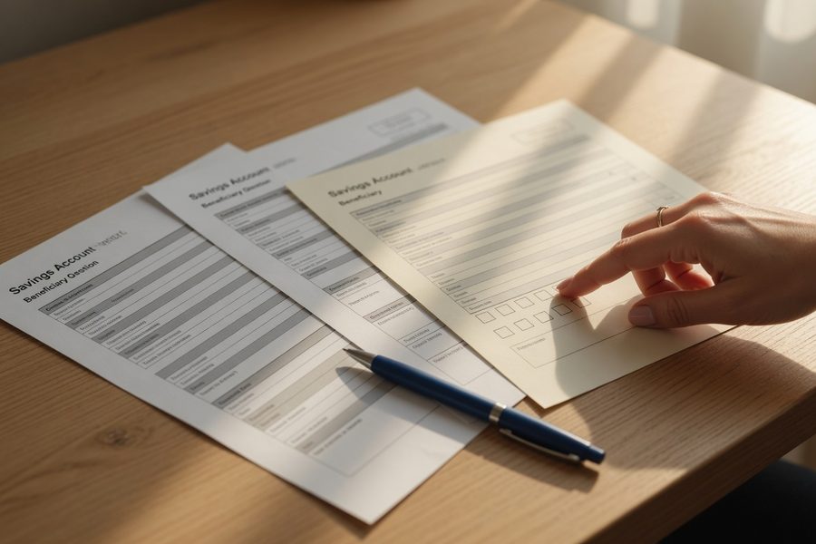 Surviving spouse reviewing savings account documents and death certificates at a kitchen table