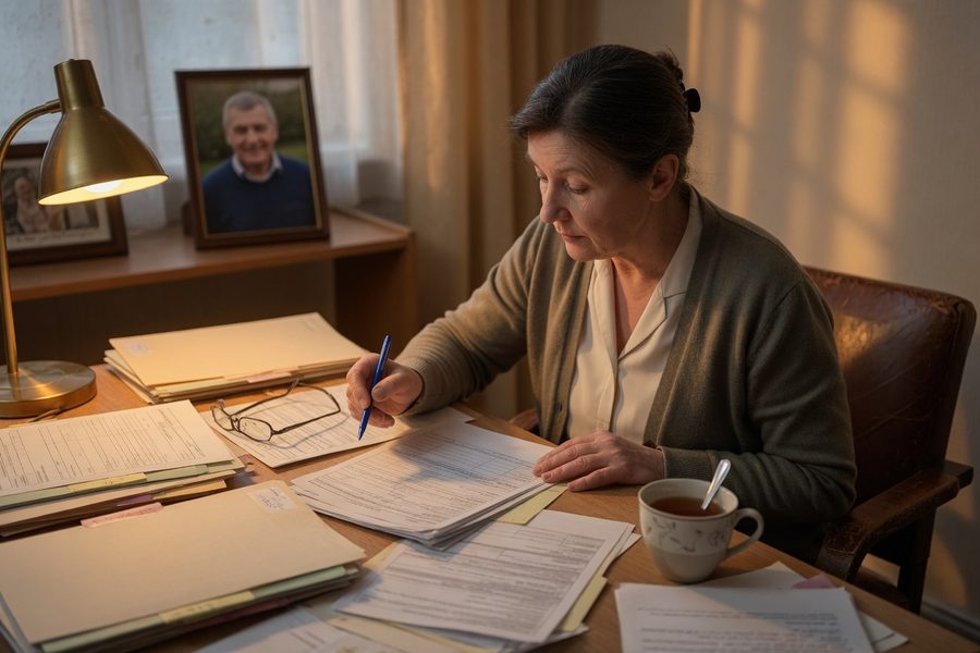 Close-up of beneficiary designation form being filled out at a bank branch