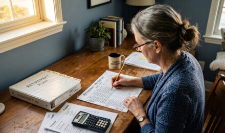 Person reviewing retirement plan documents and investment options at home desk