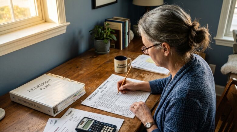 Person reviewing retirement plan documents and investment options at home desk