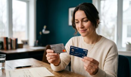 Person reviewing savings account bonus offers on a laptop while holding a debit card