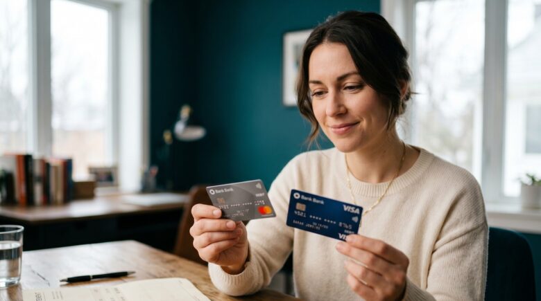 Person reviewing savings account bonus offers on a laptop while holding a debit card