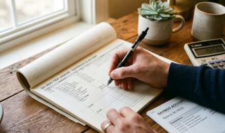 Self-employed person reviewing quarterly tax obligations and dedicated savings account structure