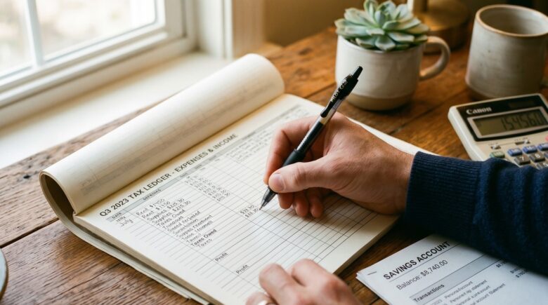 Self-employed person reviewing quarterly tax obligations and dedicated savings account structure