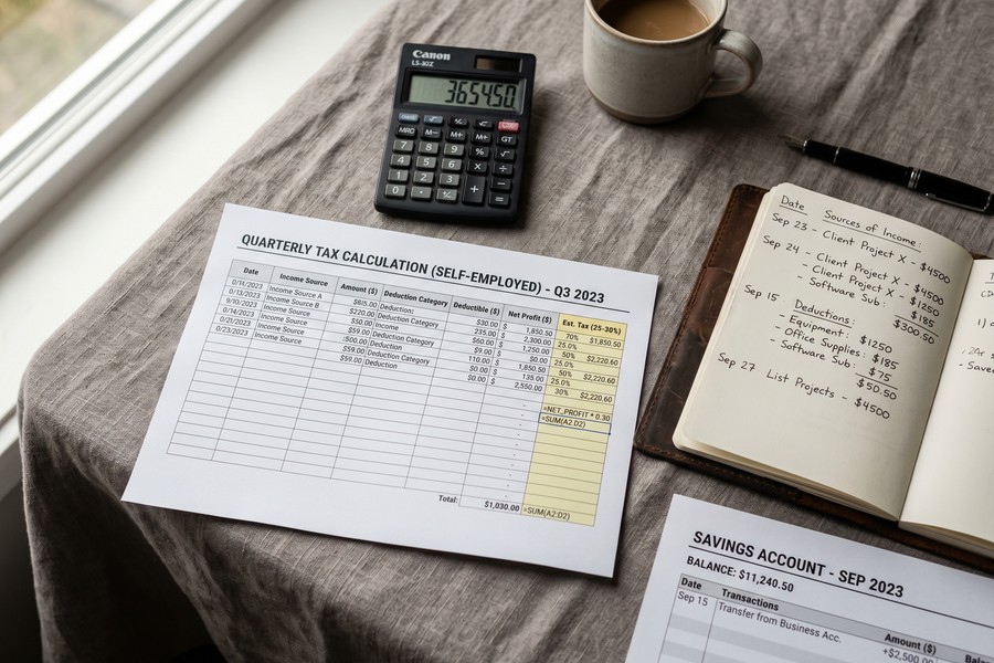 Simple diagram showing gross revenue minus business expenses equals net income, with 25–30% of net income flowing into a separate tax savings account