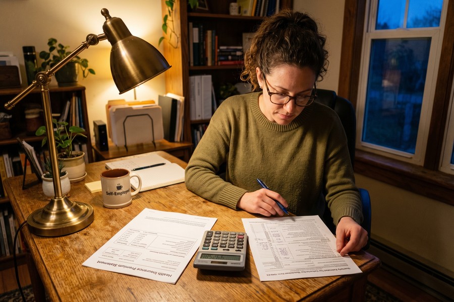 Flowchart showing gross self-employment income reduced by business expenses, SE tax deduction, and retirement contributions to arrive at taxable income