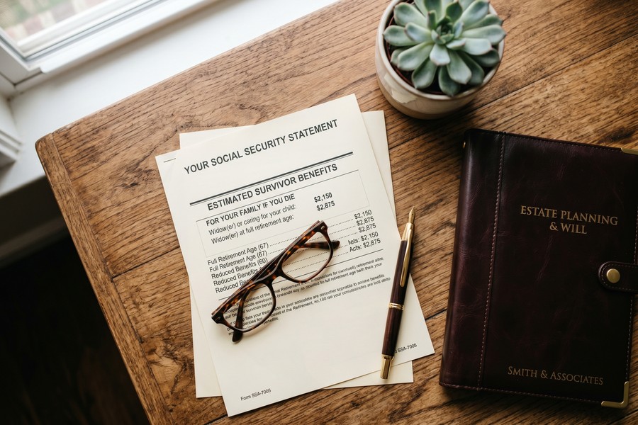 Married couple reviewing Social Security claiming strategy documents at a kitchen table