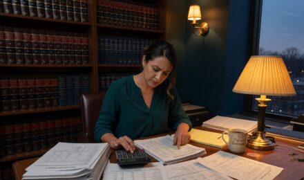 Solo attorney reviewing law firm debt refinancing options at desk with calculator and rate comparison documents