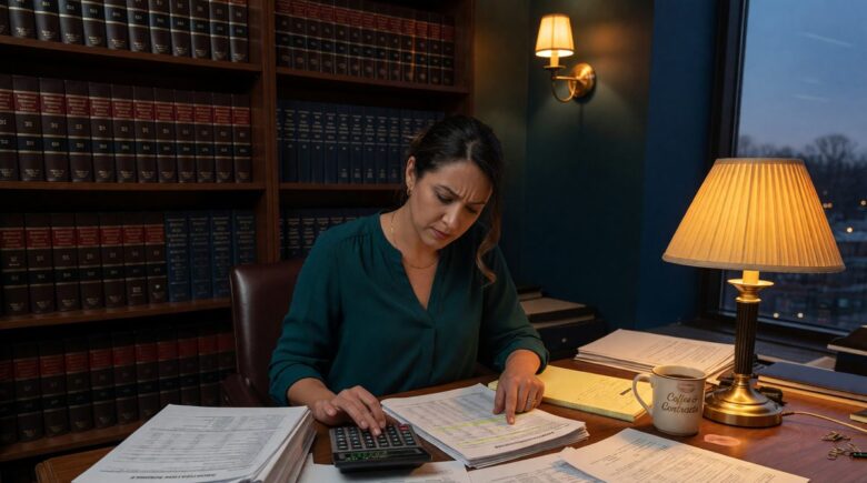 Solo attorney reviewing law firm debt refinancing options at desk with calculator and rate comparison documents