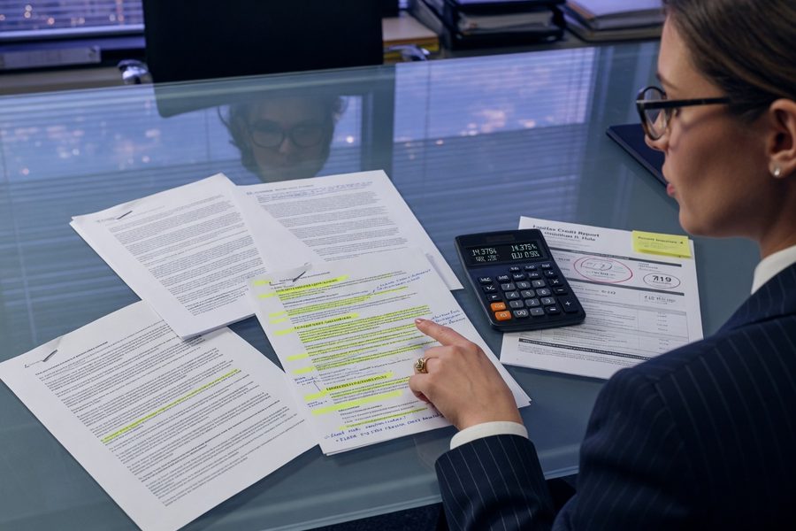 Solo attorney reviewing variable-rate loan documents at a desk in a small law office