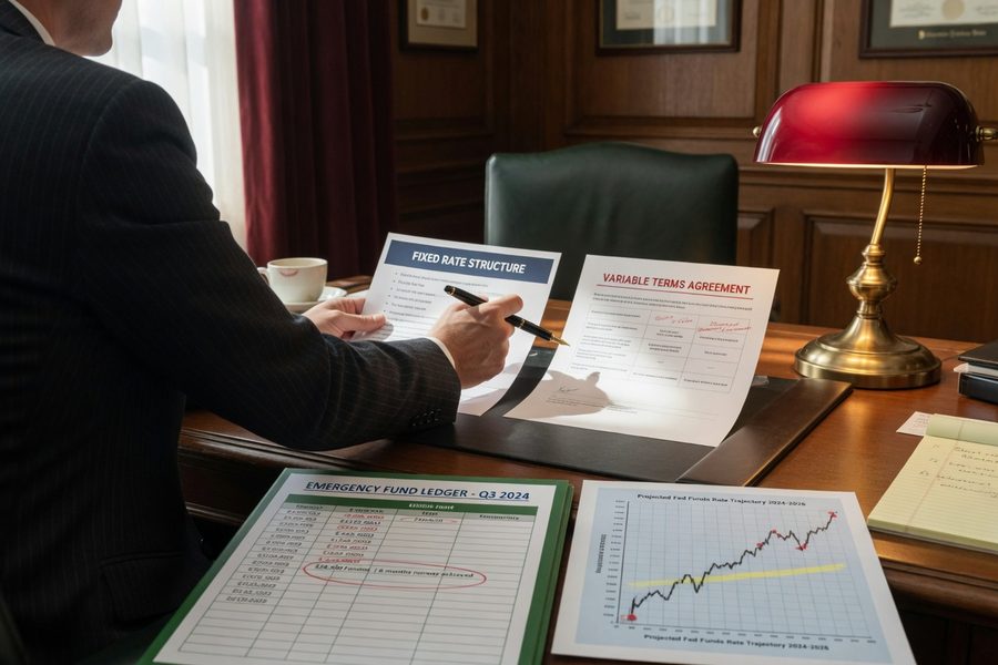 Chart comparing variable-rate versus fixed-rate debt costs over 36 months for a solo law firm