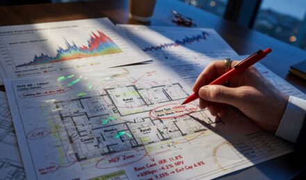 Real estate developer reviewing stress test scenarios for floating-rate construction loan against prime rate increases