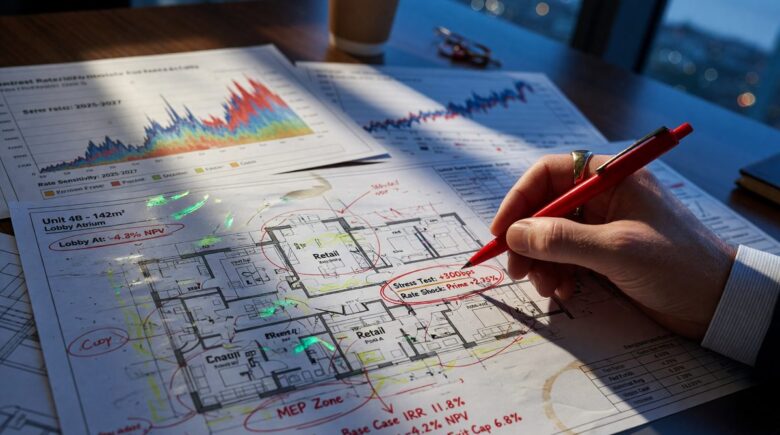 Real estate developer reviewing stress test scenarios for floating-rate construction loan against prime rate increases