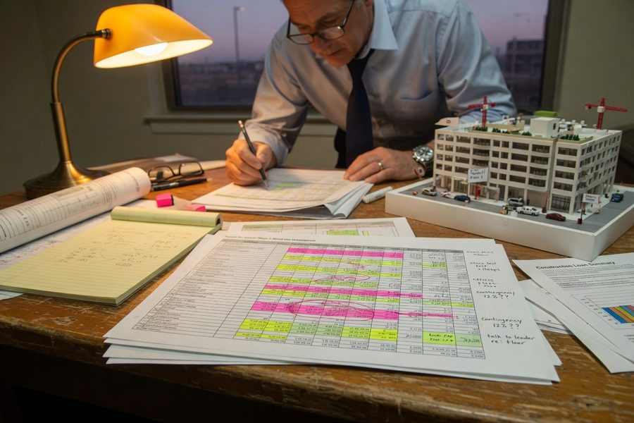 Developer reviewing a construction loan stress-test spreadsheet with rate scenarios and DSCR outputs