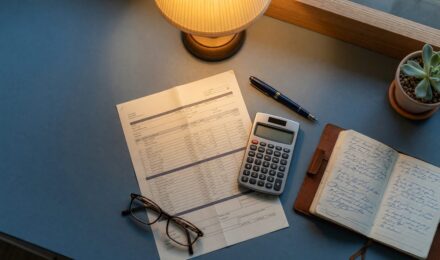 Man reviewing retirement bridge strategy documents with calculator and brokerage statement