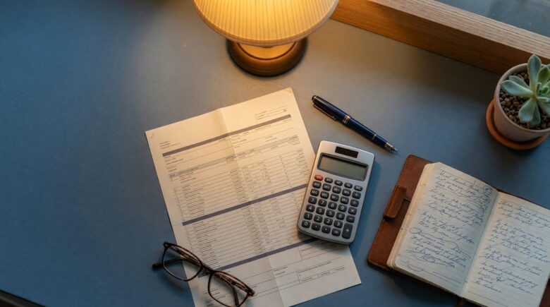 Man reviewing retirement bridge strategy documents with calculator and brokerage statement