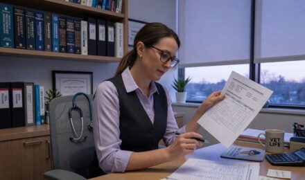 Calculator and loan document showing veterinary practice loan with prime rate adjustment