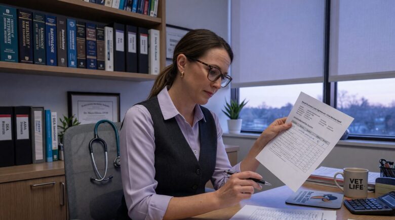 Calculator and loan document showing veterinary practice loan with prime rate adjustment