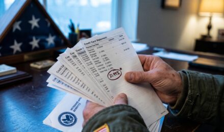 Veteran reviewing credit card statements and debt payoff strategy documents